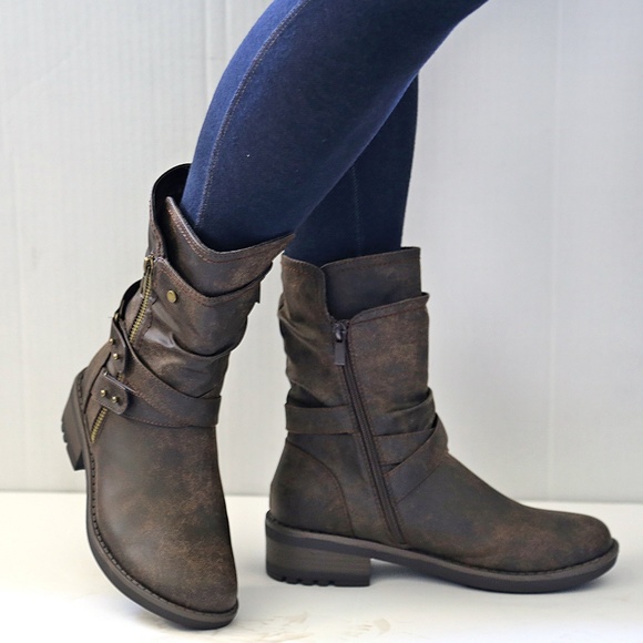 New Brown Mid-Calf Biker Short Boots Booties - Picture 2 of 2
